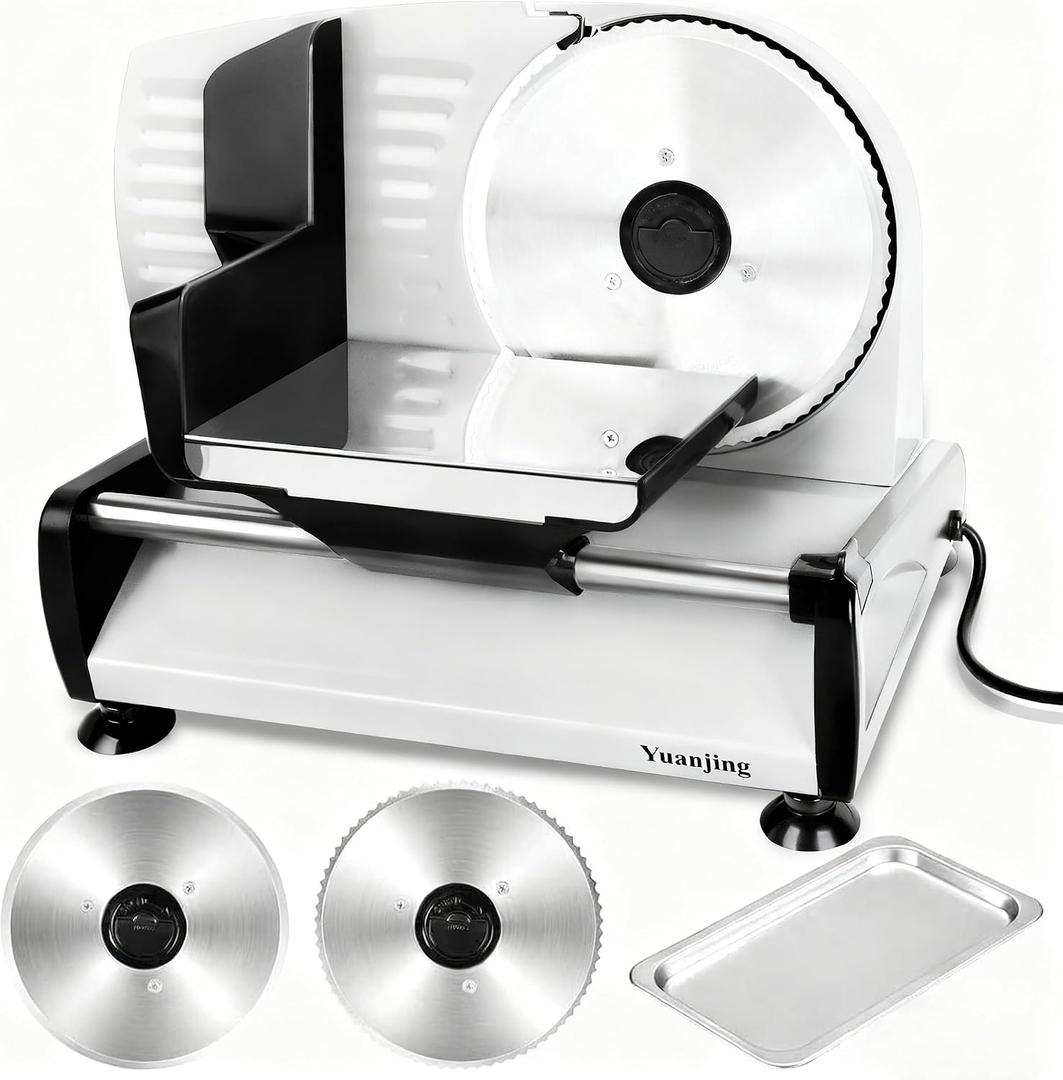 Meat Slicer 200W Electric Deli Food Slicer with 2 Removable 7.5" Stainless Steel Blade, Adjustable Thickness for Home Use, Child Lock Protection, Easy to Clean, Cuts Meat, Bread and Cheese