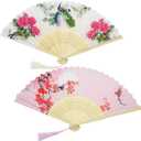 2 Pack Hand Fans for Women Foldable Folding Handheld Fan Abanicos de Mano Hand Held Chinese Style Silk Bamboo Fans for Dancing Cosplay Wedding Party Props Decoration, Lovely Color Peacock and Flower