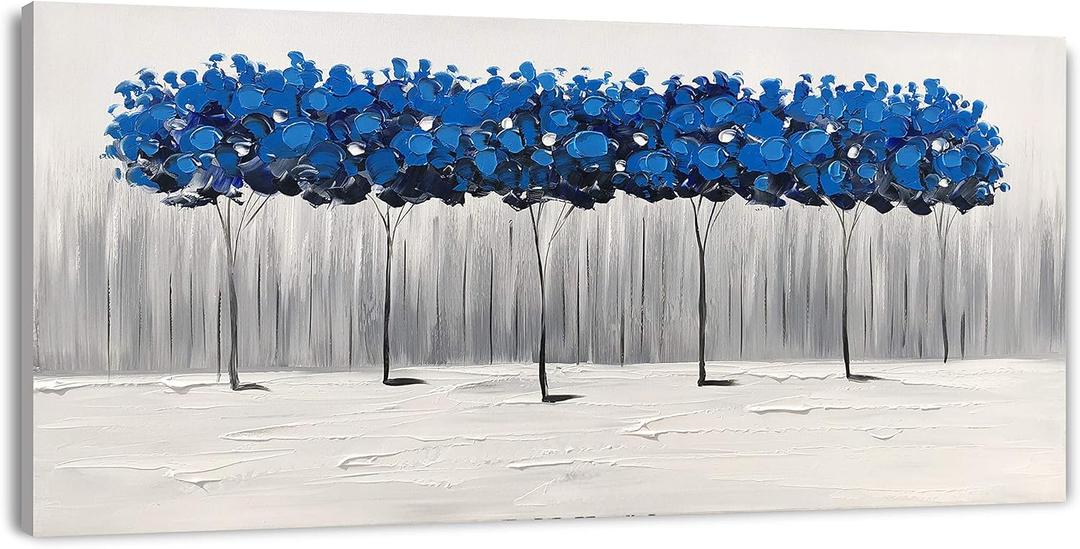 Yihui Arts Hand Painted Blue Tree Landscape Oil Painting on Canvas, Modern Abstract Wall Art for Living Room, Bedroom, Office Decor