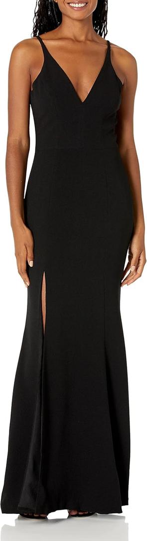 Iris Spaghetti Strap Plunging Long Dress (Medium, Black 17)