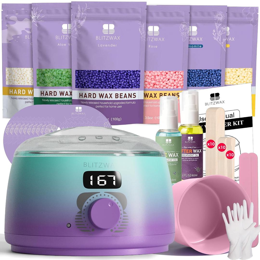 BLITZWAX Brazilian and Bikini Waxing Kit for Women, Hard Wax Warmer for Face, Legs, and Body, At Home Hair Removal Kit, Beginner Friendly, Quick Heating, 32pcs Wax Spatulas