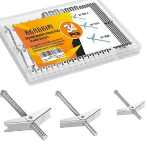 Rerdeim34 Sets Toggle Bolts, Wall Anchor, 1/4" 3/16" 1/8" Butterfly Drywall Anchors, Heavy Duty Metal Screws for Hollow Wall Ceiling Sheetrock, Taquetes para Drywall