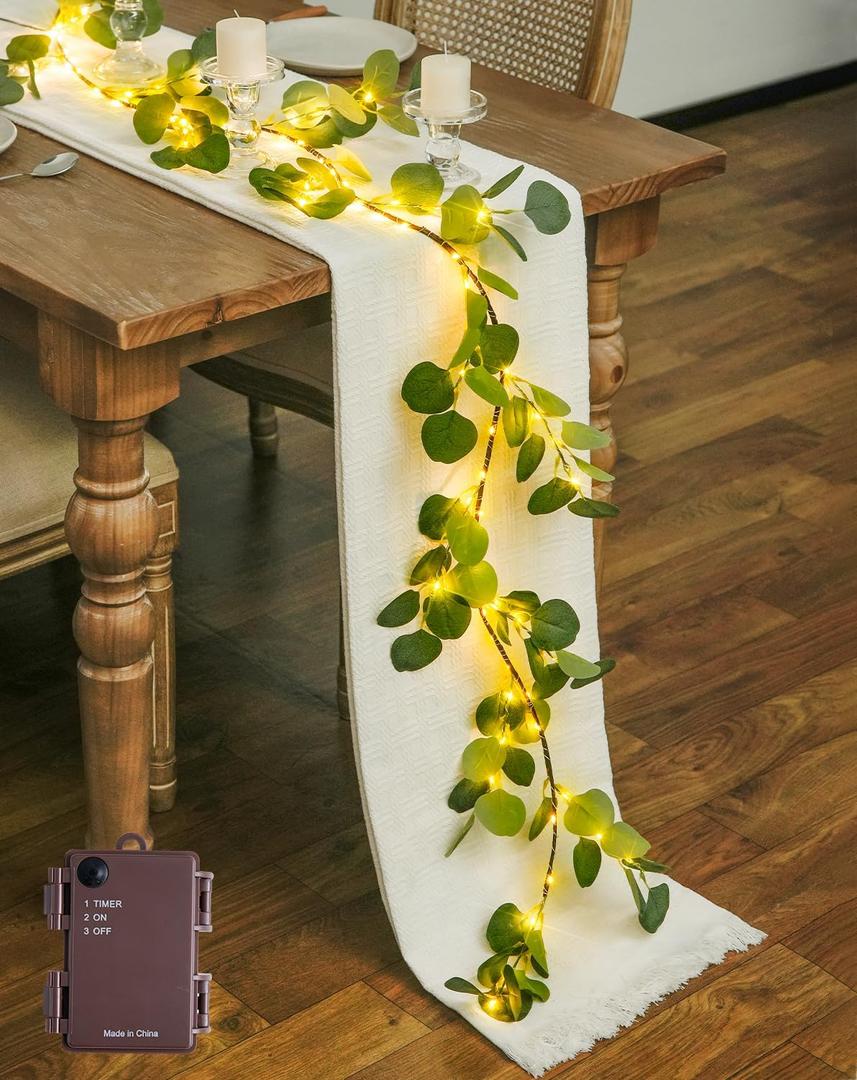 JMEXSUSS Artificial Eucalyptus Garland with Lights, 6FT Lighted Spring Garland Battery Operated with Timer for Mantel Fireplace Wedding Spring Valentine Decoration