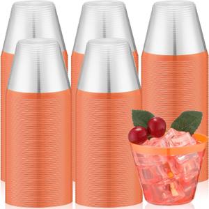 Lounsweer 100 Pcs 9oz Rimmed Plastic Cups Wedding Clear Cocktail Cups Heavy Duty Disposable Wine Glasses for Birthday Bridal Shower Baby Shower Holiday Celebrations(Orange)