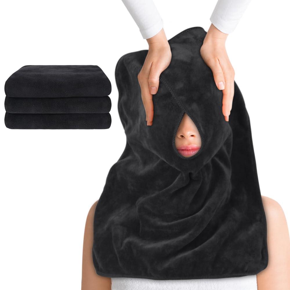 SINLAND Microfiber Esthetician Towels for Facials Mask Removing Face Wrap Soft Facial Cloth with Split Design Spa Towels for Facial Steam Massage and Cleansing (1 Count (Pack of 3), Black)