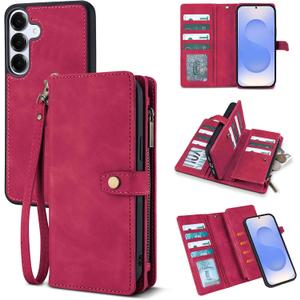 TwoHead for Samsung Galaxy S25 Wallet Case with Card Holder, Detachable Magnetic Phone Case for S25,PU Leather All-Round Protective Phone Case Wallet with Wrist Strap(6.2 in,Wine Red)