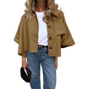 Cicy Bell Womens Oversized Cropped Trench Coats Single Breasted 3/4 Cape Sleeve Trendy Casual Jackets Button up Outerwear (Medium, Camel)
