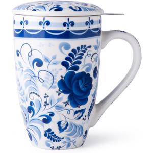 GBhome Tea Mug with Infuser and Lid, 18 Ounce Large Ceramic Loose Leaf Tea Cup, Microwave, Dishwasher Safe Tea Steeping Mug, Pefect Gift For Tea Lover. (Blue Rose)