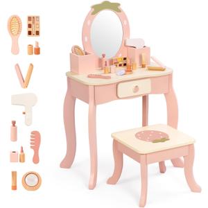 OOOK Toddler Vanity for 3 Year Old, Kids Vanity with Pretend Makeup Accessories, Makeup Table for Kids with Drawer, Pink