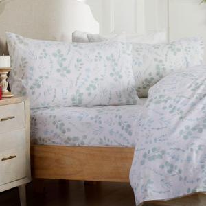 Market & Place 100% Cotton Queen Flannel Sheet Set | 4 Piece Deep Pocket Cozy Winter Floral Bed Sheets | Double Brushed for Extra Softness & Comfort | Alpine Collection (Queen, Eucalyptus Leaves)