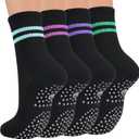 Toes Home Pilates Socks for Women with Non Slip Grippers, Yoga Crew Socks for Barre Hospital Sticky Slipper Socks 4 Pairs