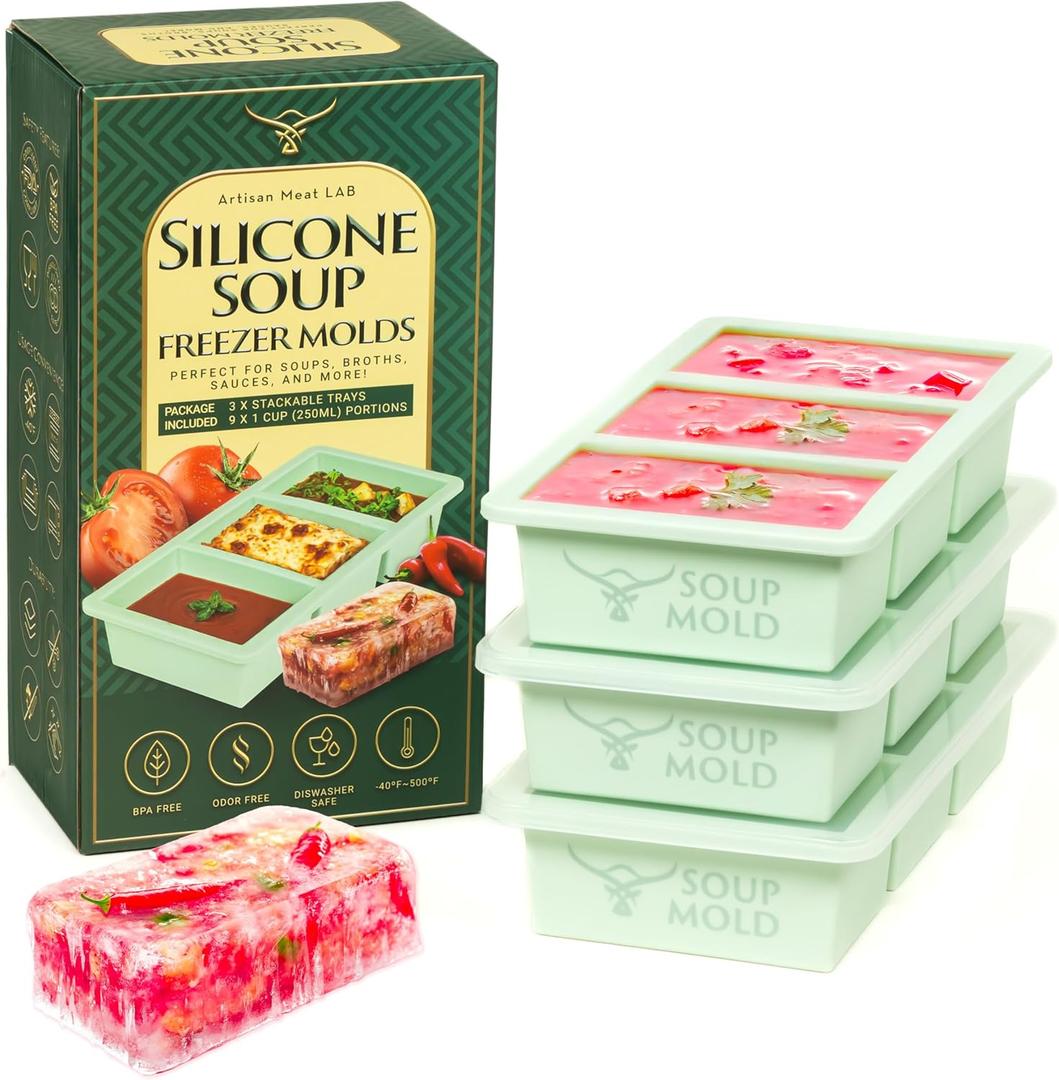Silicone Soup Freezer Molds  3 Stackable Trays with Lids, Makes 9 Super Soup Cubes (1-Cup/250ml Each), Dishwasher Friendly Containers, Perfect for Broth, Butter, Meal Prep, Sauces, and Leftovers