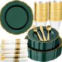Hioasis 175pcs Green Gold Plastic Plates - Gold Plastic Dinnerware Set Includes 25 Dinner Plates, 25 Dessert Plates, 25 Gold Utensils, 25 Napkins Perfect for Wedding