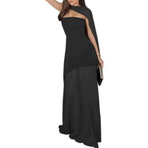 Women Sexy Tube Neck Mesh Patchwork Maxi Dress with Scarf High Slit Backless Party Long Dress (Medium, Black)