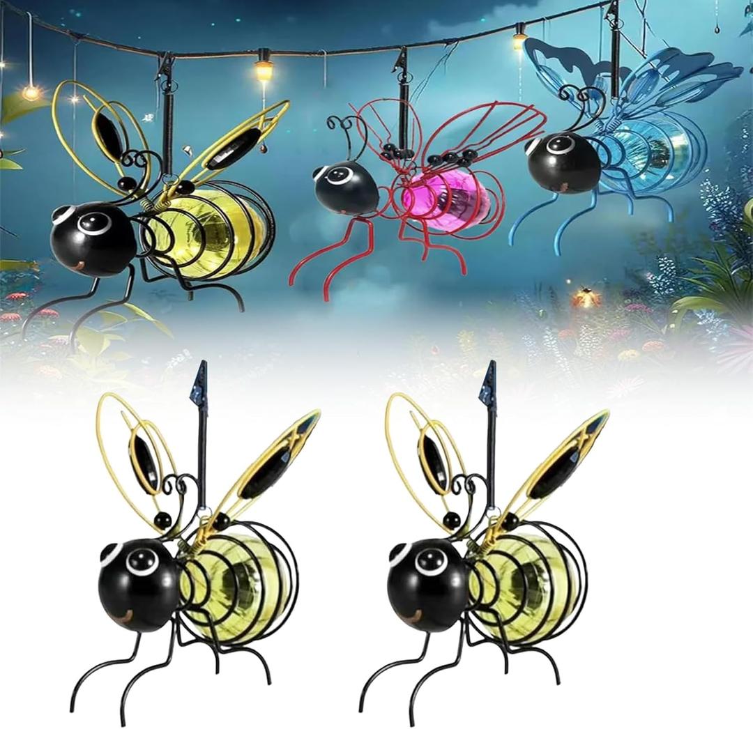 Solar Bee Lights Outdoor, Bumble Bee Solar Lights Outdoor Garden, Hanging Solar Garden Lights Decor for Outside, Lighted Outdoor Display, Solar Powered Hanging Bee Decor (Yellow-2 PCS)