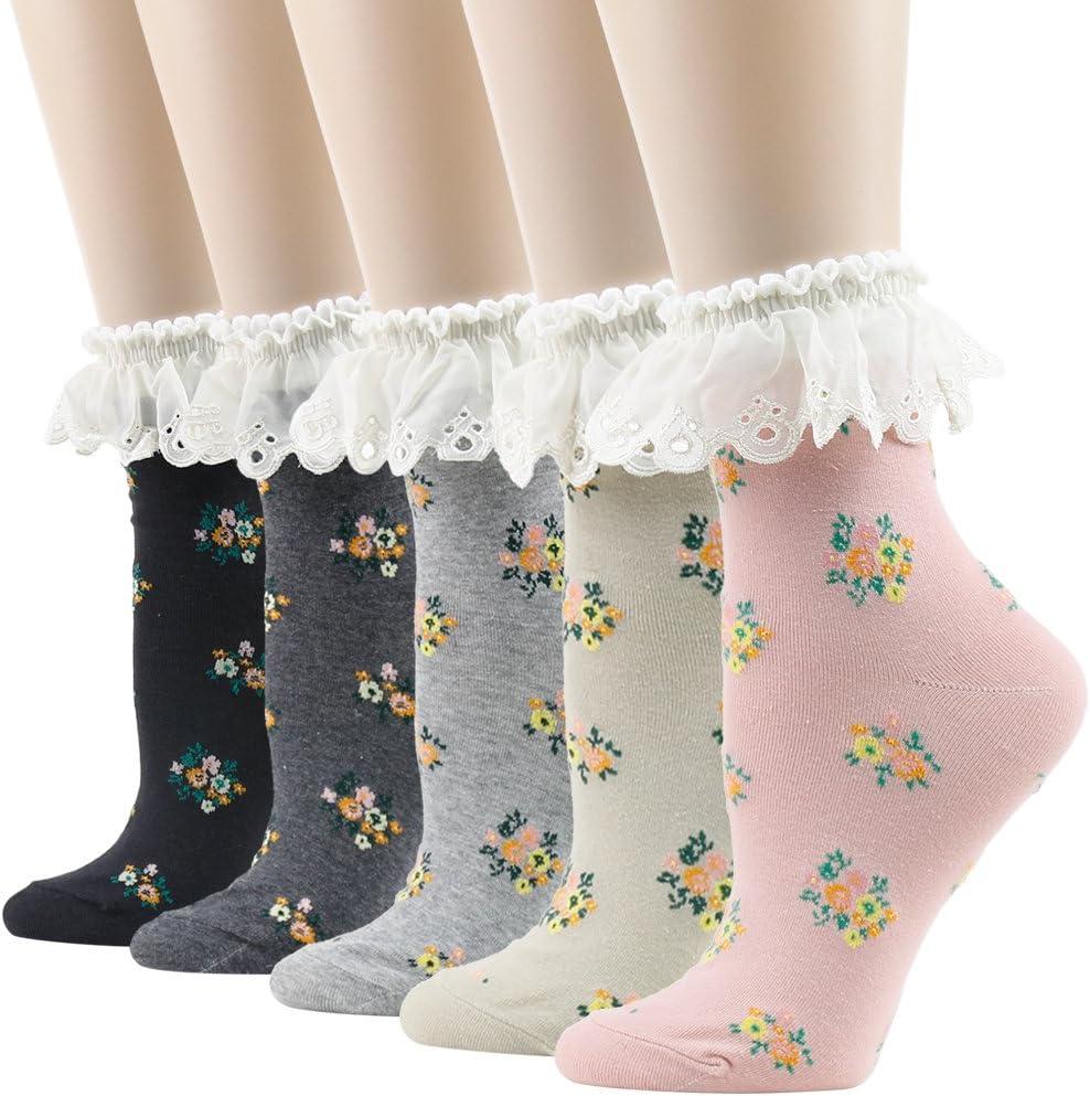 Funcat Women's Lace Ruffle Frilly Colorful Floral Cotton Casual Novelty Ankle Socks 4/5/6 Pairs