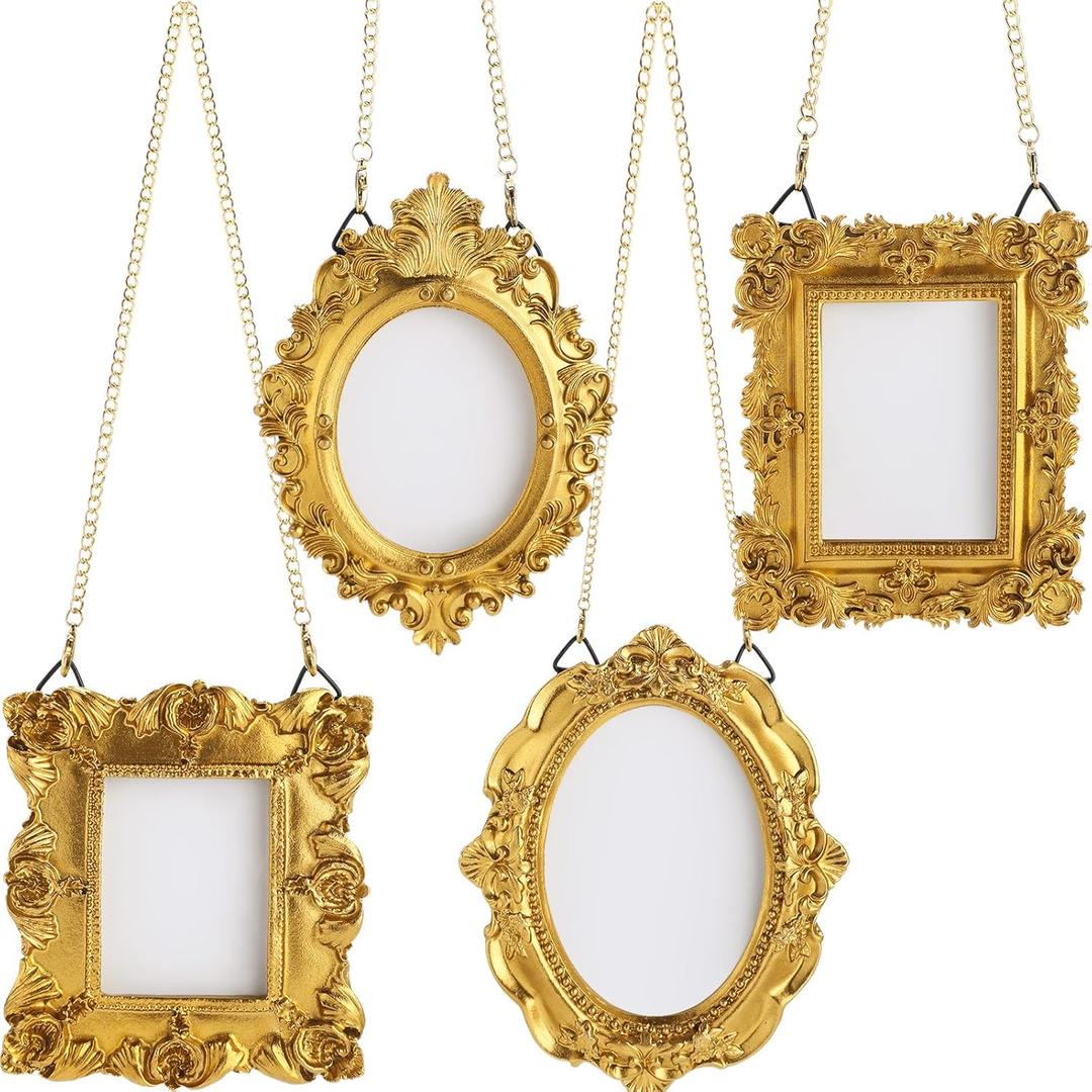 DoubleFill 4 Pcs Mini Gold Small Picture Frames Tiny Vintage Photo Frames Antique Resin Oval Rectangle Hanging Ornament with Back and Chain for Home Wedding Christmas Supply (Classic Style)