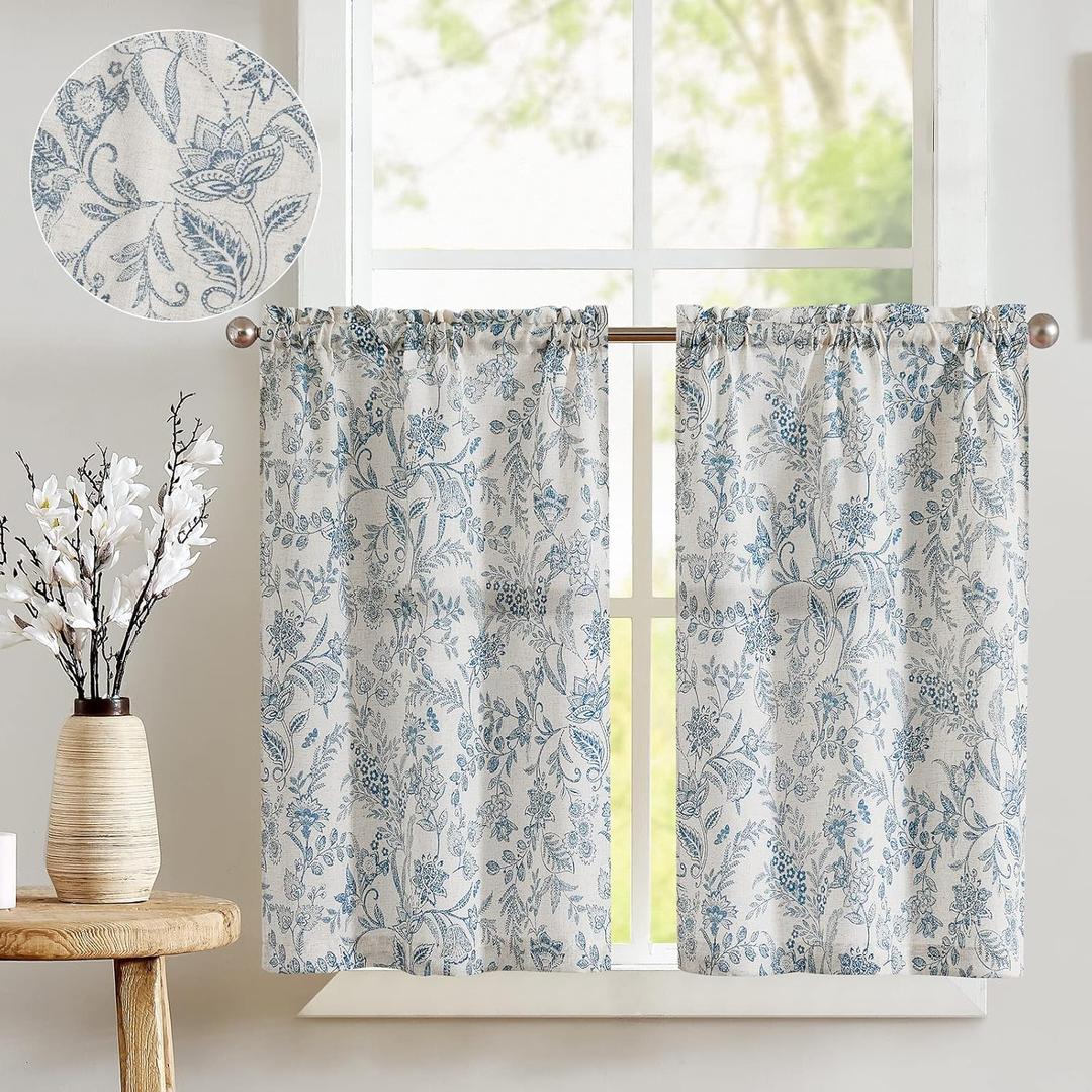 jinchan Floral Kitchen Curtains for Windows 45 Inch Linen Tier Farmhouse Cafe Curtains Country Botanic Small Window Rod Pocket Rustic Flax for Laundry Bathroom RV 2 Panels Blue on Beige
