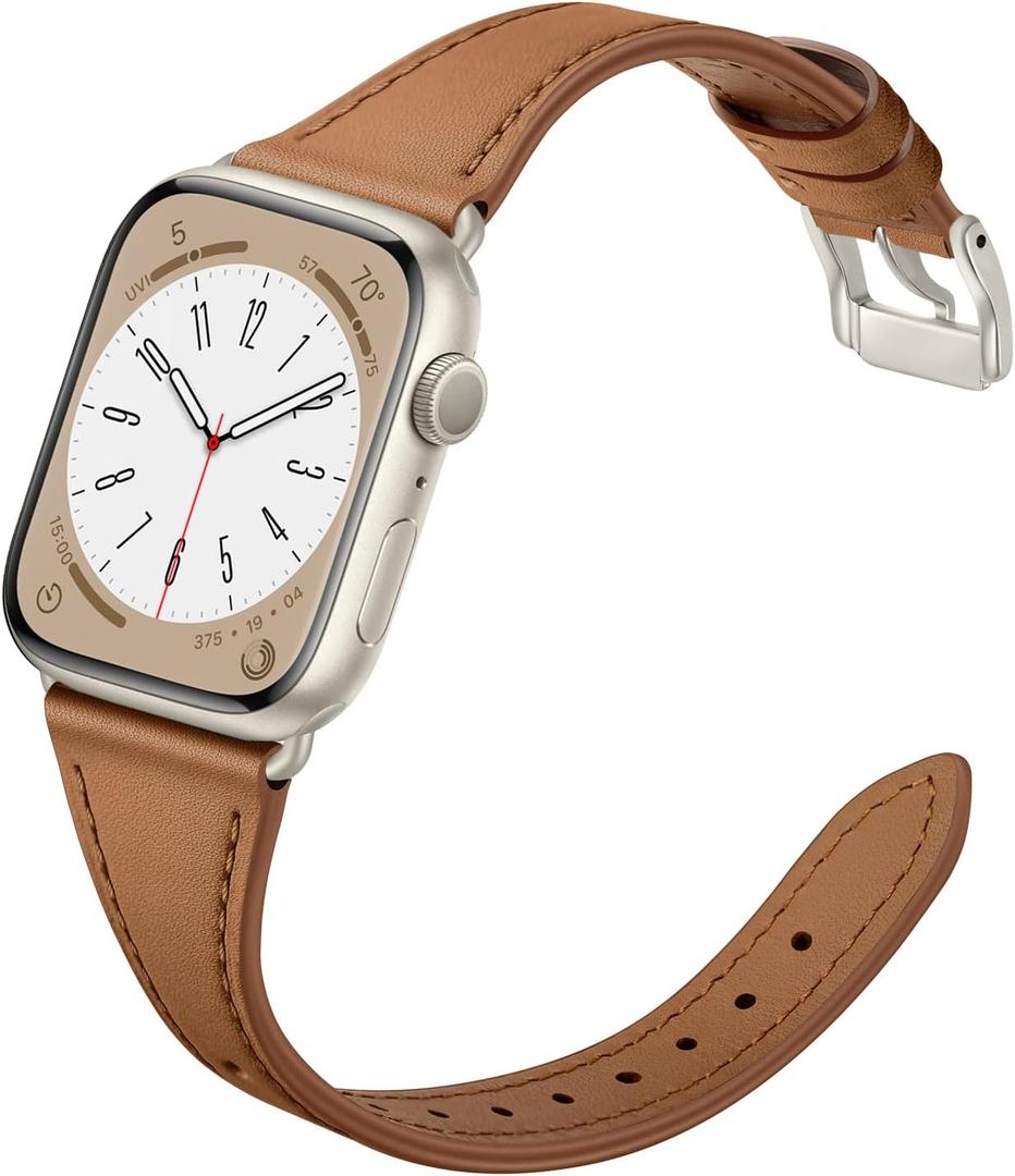 Slim Leather Bands Compatible with Apple Watch Band 42mm 41mm 40mm 38mm, Genuine Leather Replacement Strap for iWatch Series 11/10/9/8/7/6/5/4/3/2/1 SE 3/2/1 Women, Brown/Starlight
