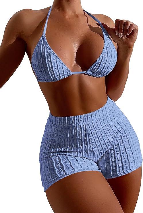 COZYEASE Women's 2 Piece Swimsuits Halter Triangle Top with High Waisted Shorts Bathing Suits Bikini Sets, M
