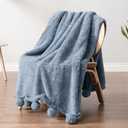 PAVILIA Blue Sherpa Throw Blanket for Couch, Warm Plush Pom Pom Blanket Throw, Dusty Blue Fuzzy Sofa Throw, Lightweight Soft Cozy Fluffy Blanket with Pom Poms, Light Blue, 50x60