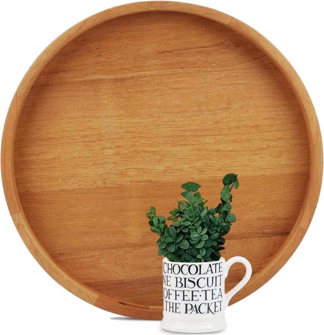 18 Inches Extra Large Round Teak Wood Ottoman Tray with Handles, Serve Tea, Coffee Classic Wooden Decorative Serving Tray