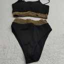 Zuvebamyo Women's High Waisted Swimsuit Two Piece Ribbed Bikini Sets Crop Top High Cut Cheeky Bathing Suits BlackGold L