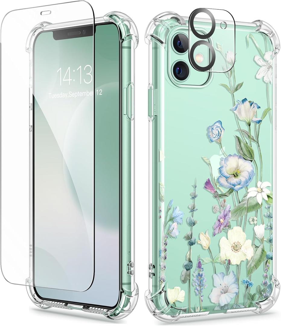 GVIEWIN for iPhone 11 Case Floral, with Screen Protector&Camera Lens Protector,[Non Yellowing] Soft Shockproof Clear Phone Protective Cover for Women, Flower Pattern Design 6.1"(Aquilegia/White)