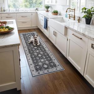 Hallway 2x5 Washable Runner Rug: Oriental Stain Resistant Kitchen Entryway Rugs Farmhouse Ultra Soft Bathroom Bedroom Print Floor Mat Thin Non Slip Indoor Carpet for Living Room Laudry(2X5,Black)
