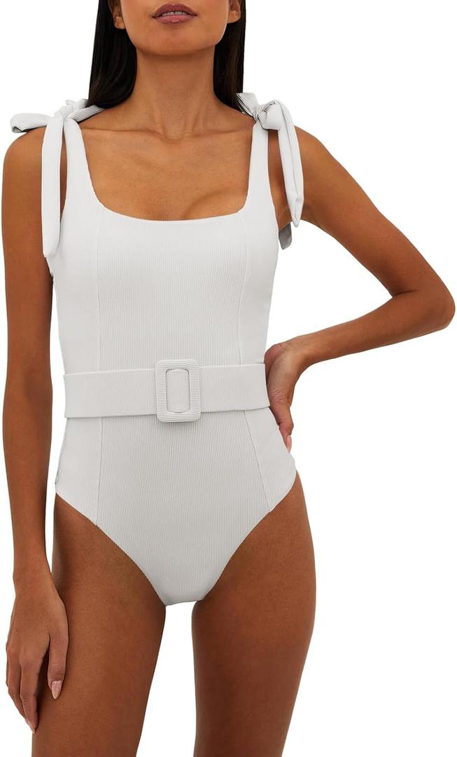 Saodimallsu Womens Sexy One Piece Bathing Suit High Cut Knit Square Neck Tied Strappy Swimsuit with Belt, Large, White 