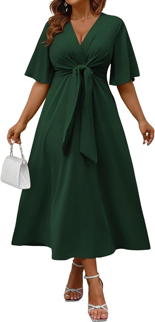 Ekaliy Women's Elegant Wedding Guest Dress Adjustable Tie Front V Neck Ruffle Sleeve A Line Formal Maxi Church Dresses (Green, M)