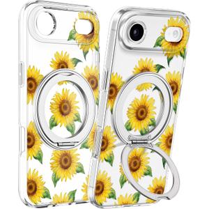 Loheckle for iPhone 17 Air Case with Stand- Compatible with MagSafe Women Girls Cute Clear Girly Aesthetic Unique Design Soft TPU Magnetic Ring Phone Cover for Apple 17 Air, Sunflower