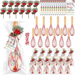 12 Sets Christmas Whisks Gifts Semi Automatic Whisk Gift Set Include Bulk Egg Beater Mini Pine Needle Cotton Rope Opp Bags for Christmas Stocking Ideas Party Supplies
