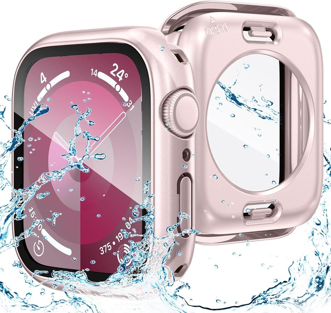 Goton 2 in 1 Waterproof Case for Apple Watch Screen Protector Series 6/5/4, SE 3/2/1 40mm, 360 Protective Glass Face Cover Hard Bumper + Back Frame for iWatch Accessories 40 mm (Original Pink)