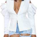 LKOUS Women's Fall Sexy Blazers,Puff Long Sleeve Lapel Open Front Work Office Suit Jacket (White, Large)