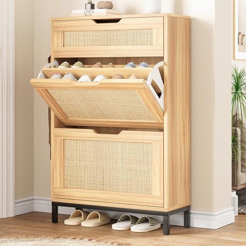 Jocoevol Shoe Cabinet Storage for Entryway Rattan Shoes Storage Cabinet Hidden Boho Narrow Shoe Organizer Cabinet with 2 Flip Drawers, Free Standing Wood for Foyer, Hallway (Wood, 2 Flip Drawer)