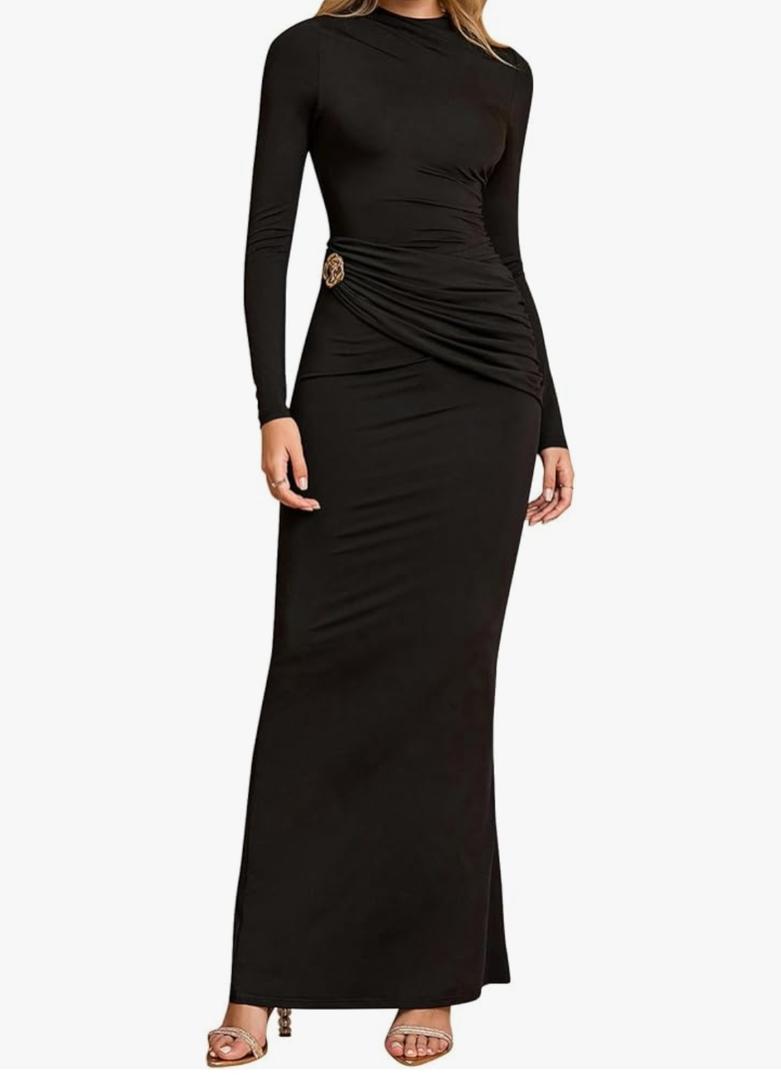 Women's Long Sleeve Ruched Bodycon Maxi Dress Fall Winter Formal Elegant Cocktail Party Dresses, L, Black