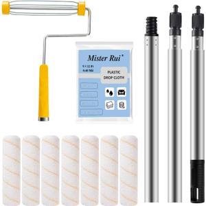 Mister Rui Paint Roller Kit, 10 Pack, 9 Inch Paint Roller Frame with Microfiber Roller Covers, Stainless Steel Extension Pole 3 Segments Total 3 Ft, Paint Supplies for Walls and Ceilings