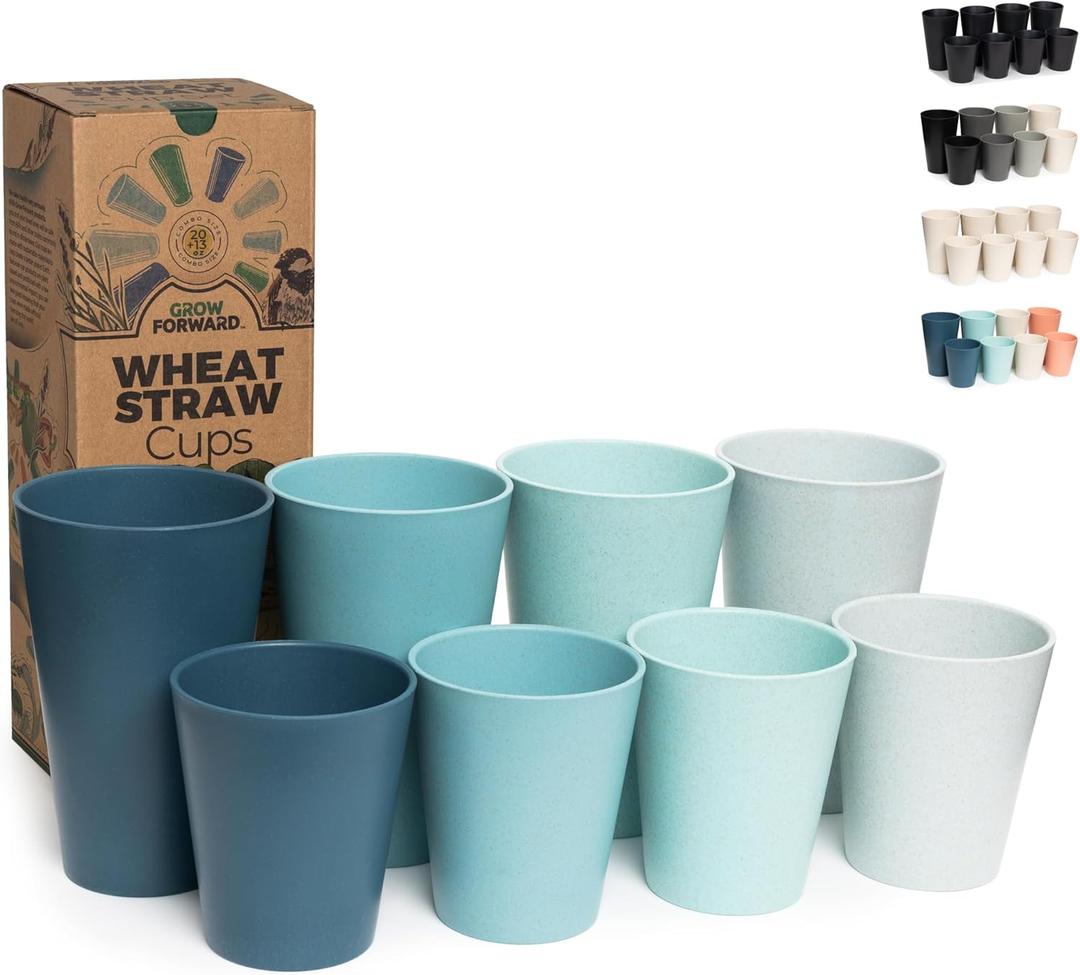 Grow Forward Premium Wheat Straw Cups - 13 & 20 oz Unbreakable BPA Free Hard Plastic Cups  Reusable Lightweight Plastic Drinking Glasses for Kitchen, Outdoor, Water, Camping, RV - Seascape