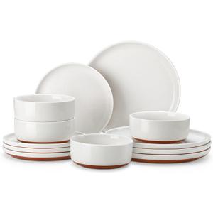 MALACASA Plates and Bowls Sets, 12 Pieces Modern Stoneware Dinnerware Set for 4 Kitchen Dinner Set Ceramic Dishware Dishes Set Microwave and Dishwasher Safe, White, Series TARA