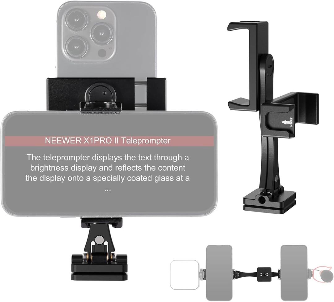 NEEWER Metal Phone Tripod Mount Adapter with Arca QR Base, 360 Rotatable Dual Cell Phone Clip Clamp Holder with 4 Cold Shoes Compatible with iPhone Samsung for Vlog Live Stream Video Recording, SP-08