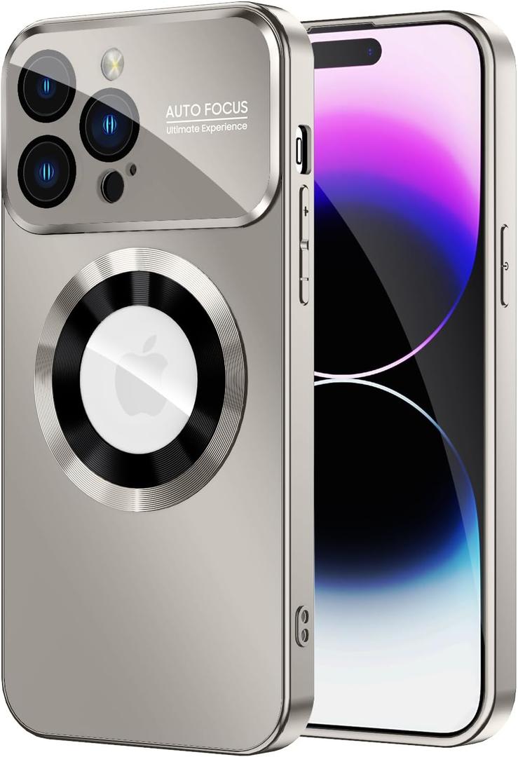 Magnetic for iPhone 14 Pro Case, Compatible with MagSafe, Built-in Camera Lens Protector, Logo View, Military Grade Drop Proof Phone Case Cover, Titanium Gray