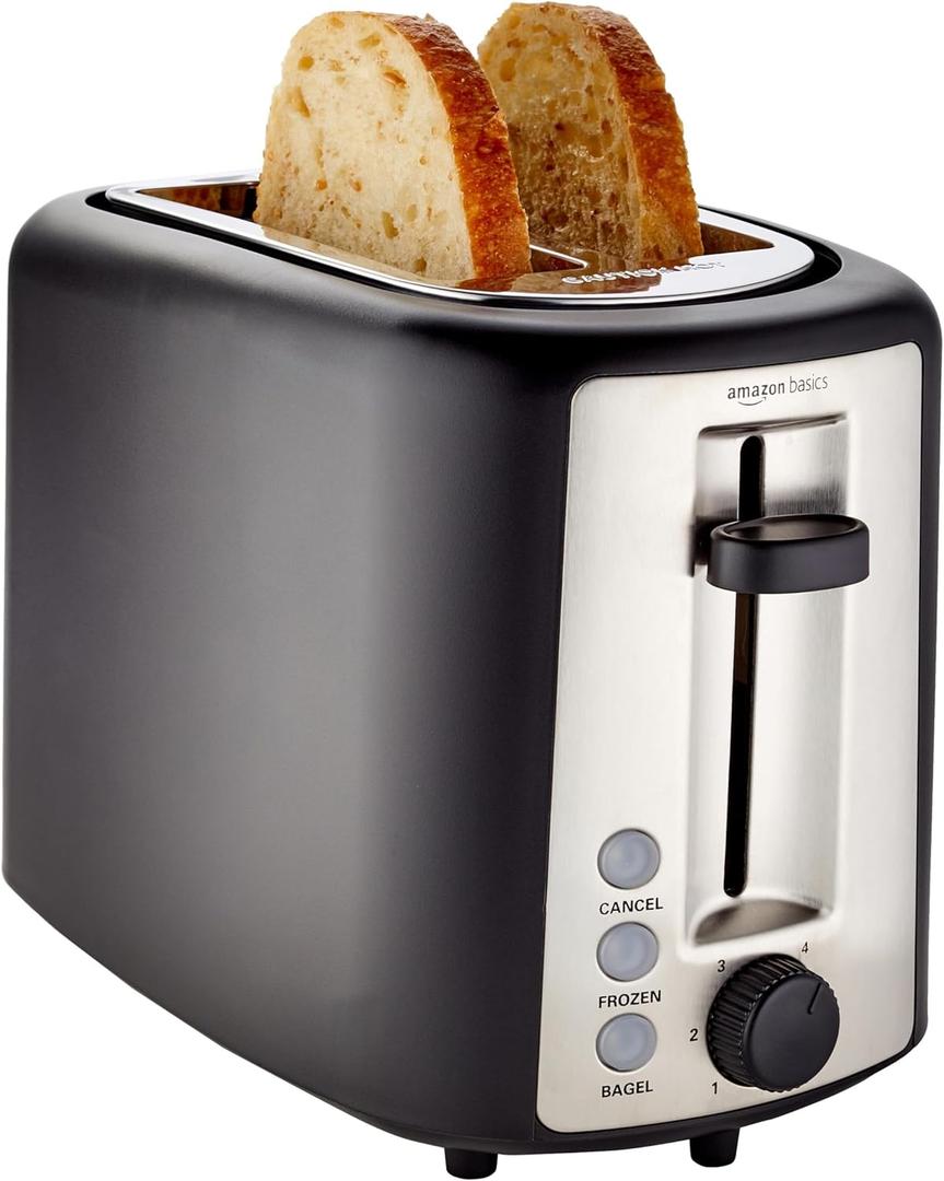 Amazon Basics 2 Slice Toaster, Extra Wide Slots for Bagels, 6 Browning Settings, Removable Crumb Tray, Defrost/Cancel/Bagel Buttons, Cord Wrap, 900W, Black & Silver
