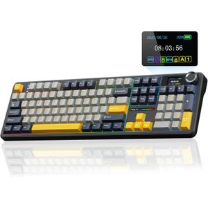 AULA F108 PRO - Wireless Mechanical Keyboard with Screen&Knob,Hot Swappable Gaming Keyboard with 8000mAh Battery,Pre-lubed Switches,RGB Backlit,PBT Keycaps Creamy Sounding Computer Keyboards,104 Keys (Gray&Yellow)