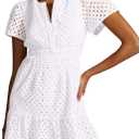 Women's 2024 Summer Short Sleeve Dress V Neck A Line Hollow Out Short Dress Cute Casual Beach Party Cocktail Dresses (Large, White)