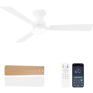 Ceiling Fans with Lights and Remote, 52 Inch Ceiling Fan with Light, Low Profile Reversible Ceiling Fans, Dimmable LED, Flush Mount, Quiet, DC Motor, White Ceiling Fan for Bedroom, Office