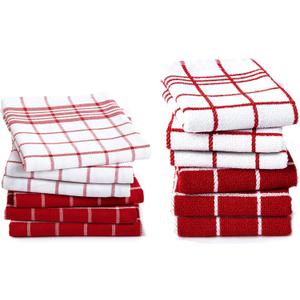 Encasa XO Kitchen Towels and Dishcloths Sets | Cotton Hand Towel | Multipurpose, Highly Absorbent Cleaning, and Reusable | 28"x18" | Pack of 12 - Red Combo