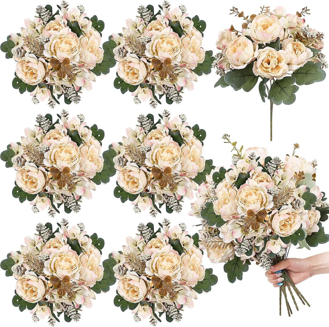 6 Bundles Peonies Artificial Flowers - Champagne Faux Peony Floral and Hydrangeas with Stems for DIY Vintage Wedding Party Bouquets, Vase Filler for Dining Table Centerpieces