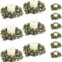 6Pcs Christmas Candle Rings Wreaths, Small Christmas Wreath with Glasses and Plastic Candles with Snowy Pinecone&Red Berry, Mini Candle Holders for Table Centerpiece (6, Silver)