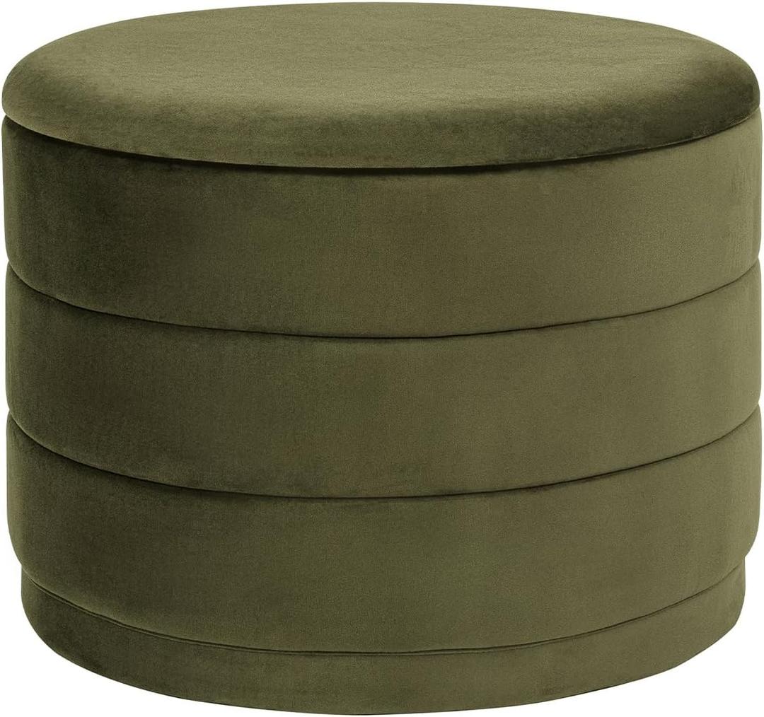 23" Round Velvet Storage Ottoman with Reversible Lid, Soft Padded Footrest and Hidden Storage, Large Upholstere Tray Top Ottoman Footstool for Living Room, Bedroom, Entryway, 3"D x 23"W x 17"H, Olive Grreen